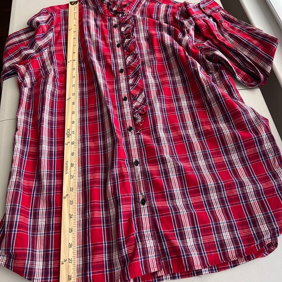 Gap Womens Red Check The Fitted Boyfriend Shirt Size XL Button Front Ruffle Neck - Picture 13 of 14